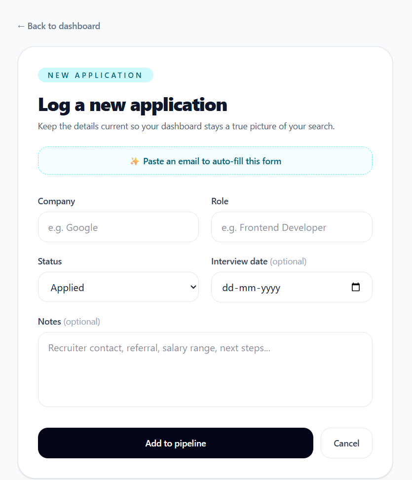 Job Application Tracker — add jobs screen
