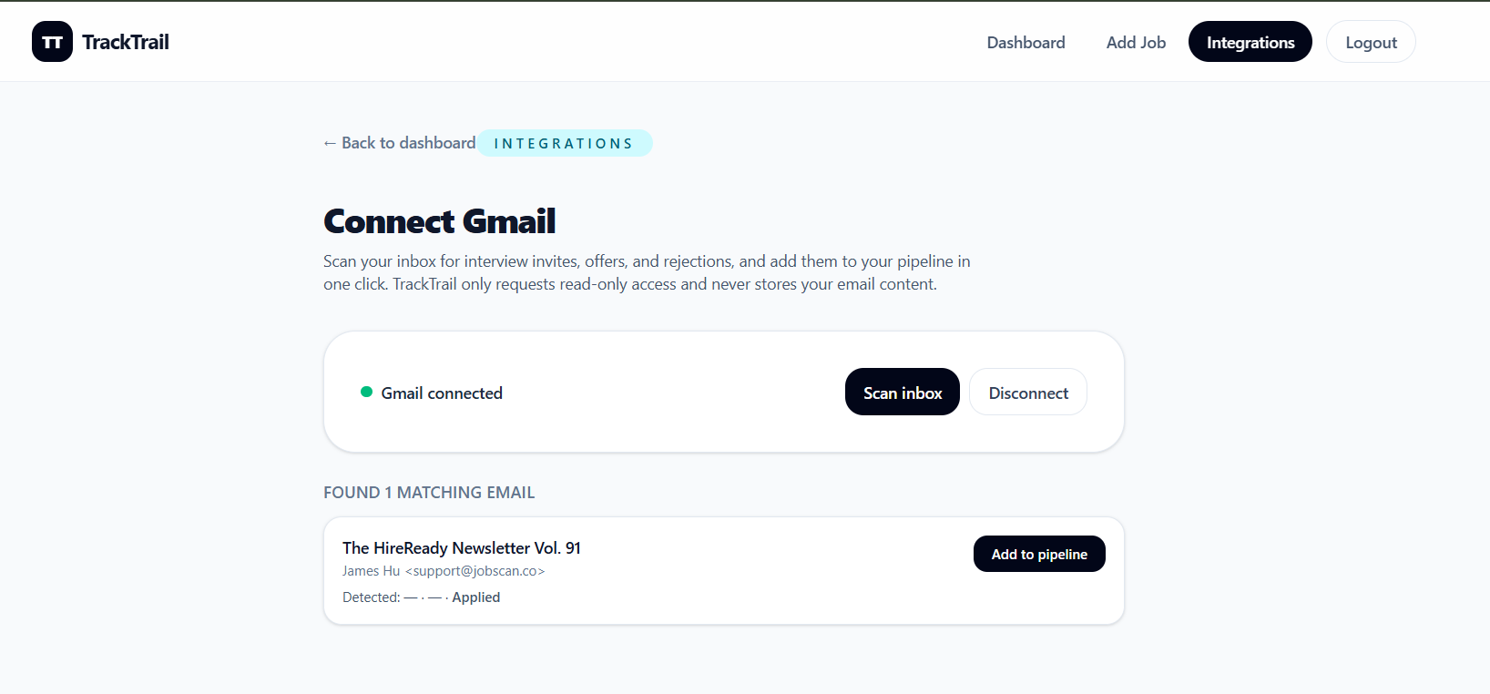 Job Application Tracker — Gmail ingestion integration