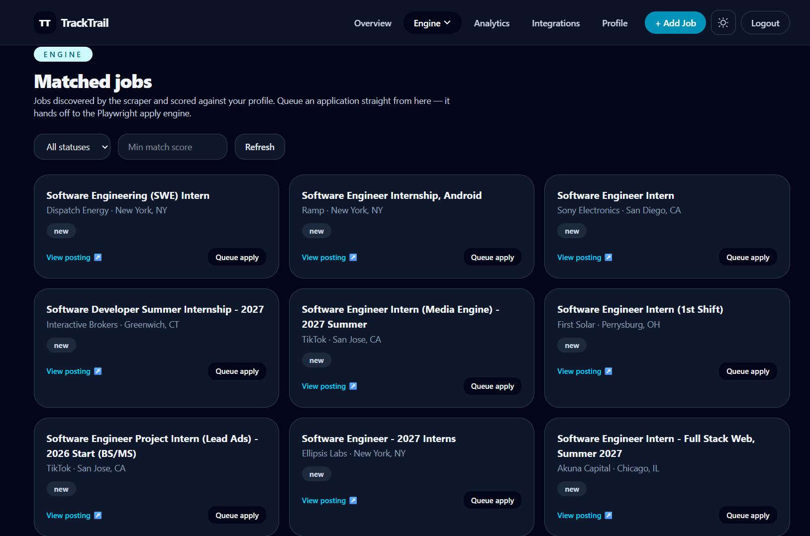 Job Application Tracker — matched job scoring view